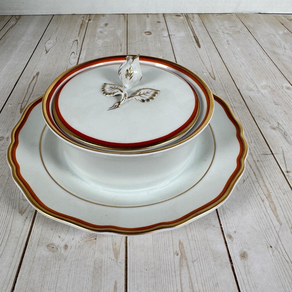 Meissen Orange Band Covered Dish w/ Underplate Rosebud Finial Crossed Swords